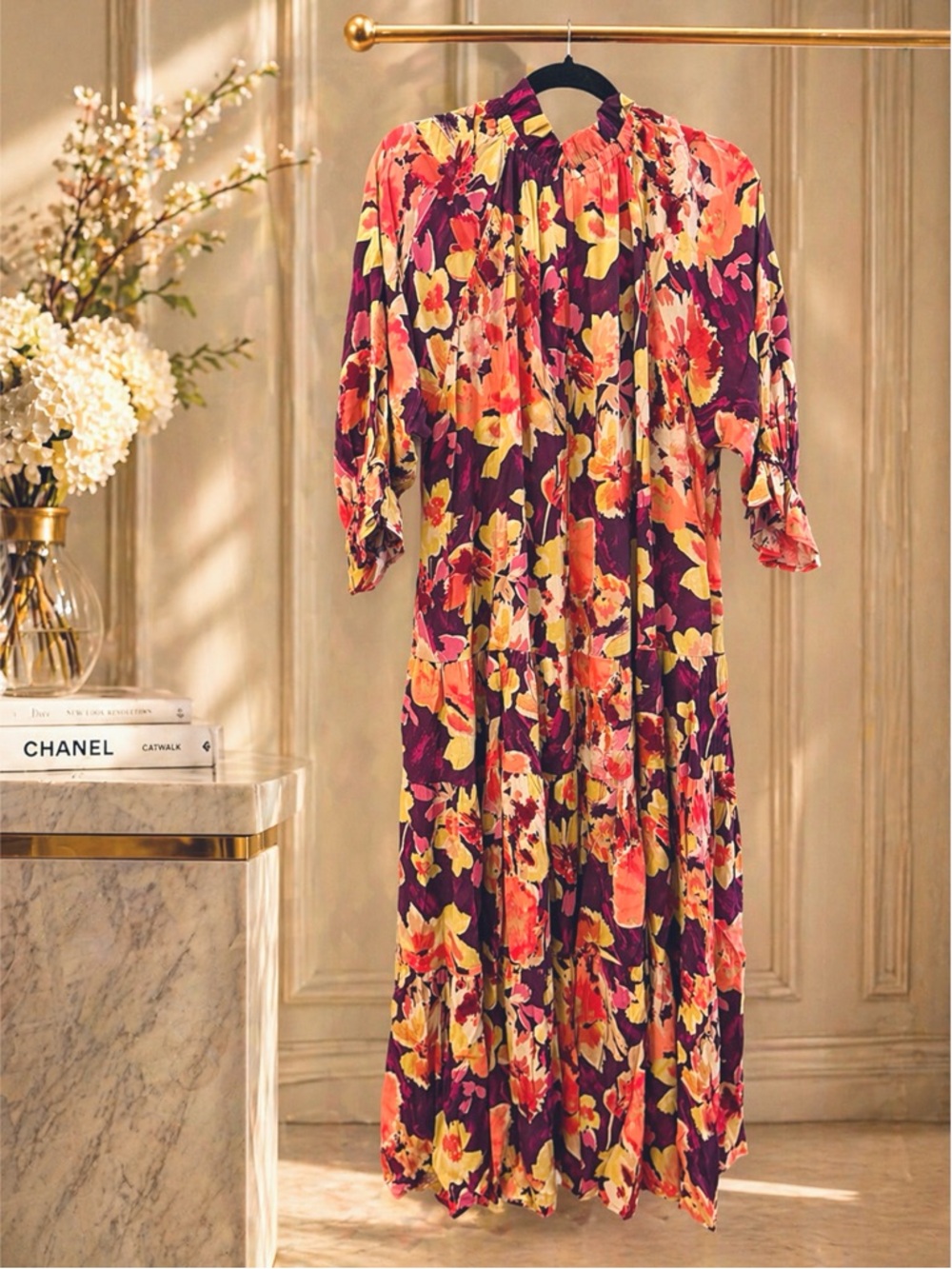 Easel Purple Multi Tiered Ruffle Floral Tassel Puff Sleeve Maxi Dress w/Pockets! - Picture 10 of 10